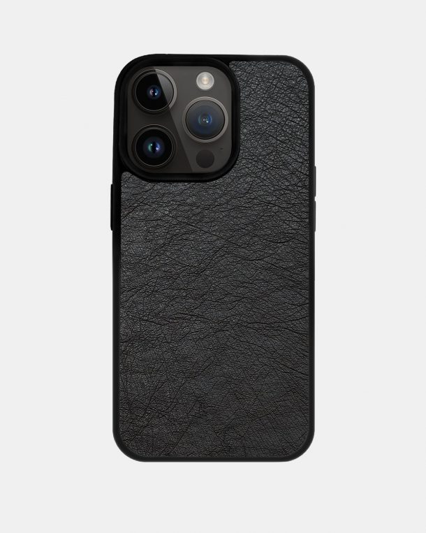 Чехол из черной кожи страуса без фолликул для iPhone 14 Pro Max