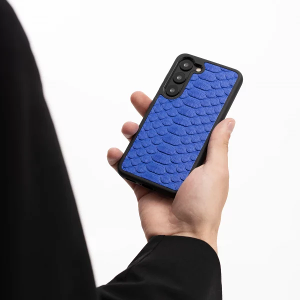 Case made of blue python skin with wide scales for Samsung S23 in Kyiv