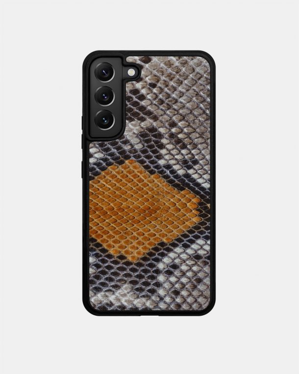 Case made of gray yellow python skin with small scales for Samsung S22