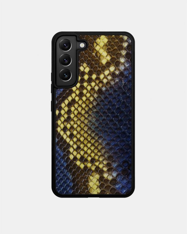 Samsung S22 case made of blue and yellow python skin with fine scales