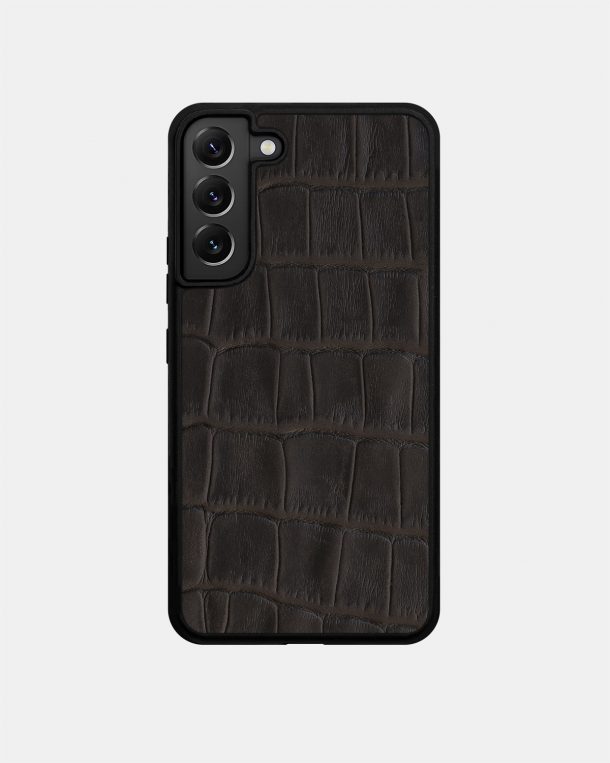 Dark Brown Crocodile Embossed Calf Leather Case for Samsung S22