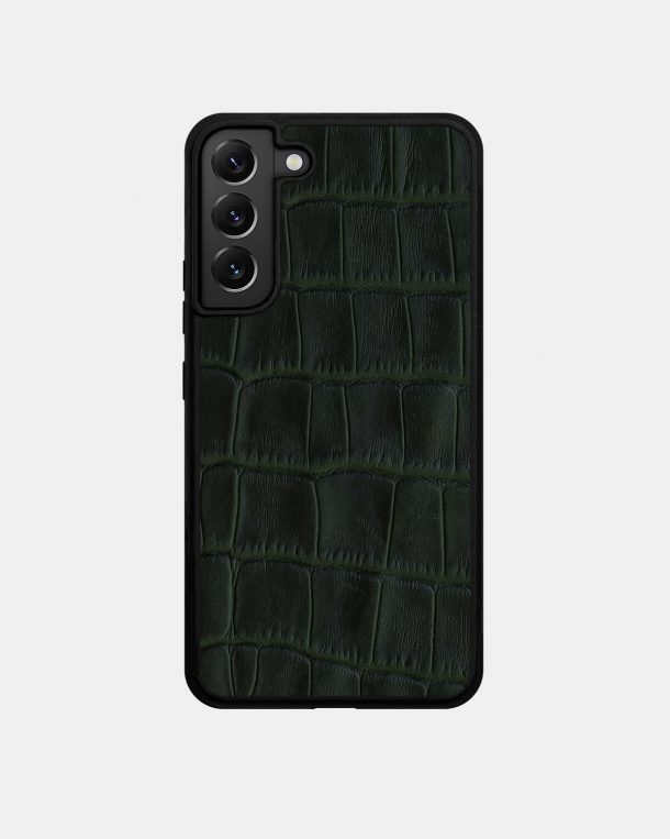 Dark Green Crocodile Embossed Calf Leather Case for Samsung S22