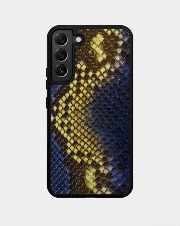 Samsung S22 Plus case made of blue and yellow python skin with fine scales