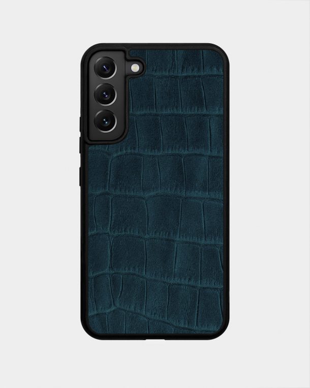 Dark Blue Crocodile Embossed Calf Leather Case for Samsung S22 Plus