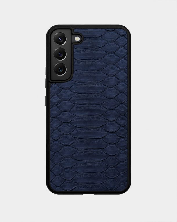 Samsung S22 Plus case made of dark blue python skin with wide scales