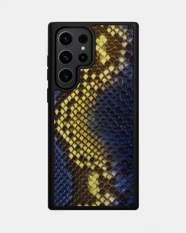Samsung S23 Ultra case made of blue and yellow python skin with fine scales