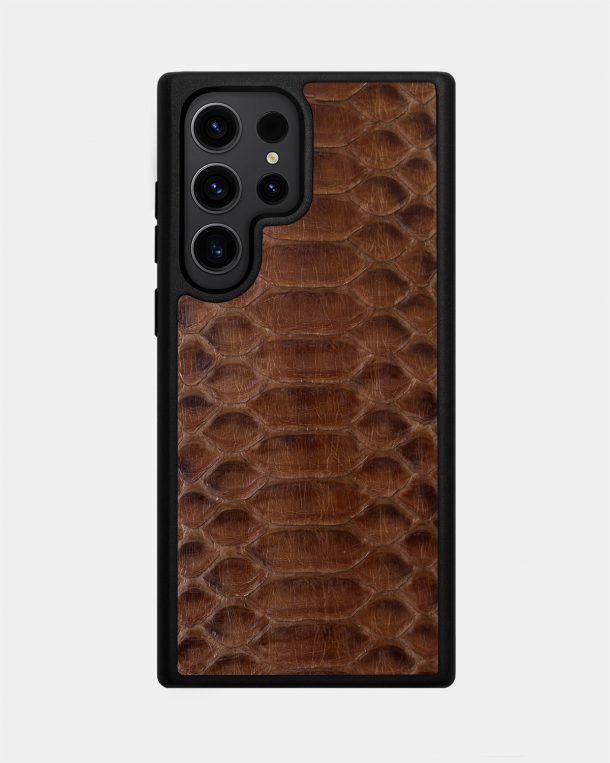Чехол из коричневой кожи питона с широкими чешуйками для Samsung S23 Ultra