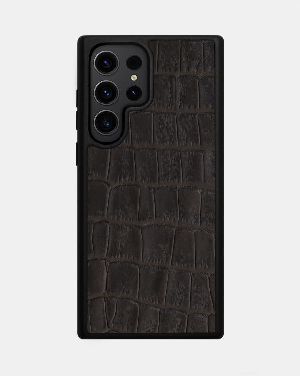 Чехол из темно-коричневого тиснения под крокодила на телячьей коже Samsung S23 Ultra