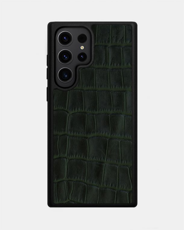 Dark Green Crocodile Embossed Calf Leather Case for Samsung S23 Ultra