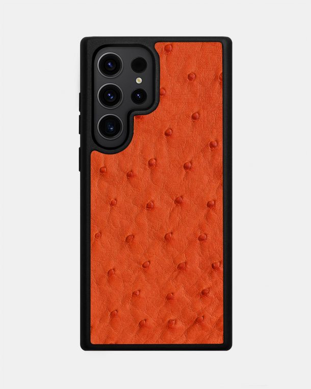 Чехол из оранжевой кожи страуса с фолликулами для Samsung S23 Ultra