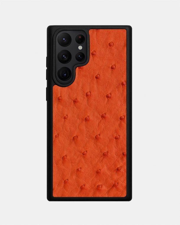 Чехол из оранжевой кожи страуса с фолликулами для Samsung S22 Ultra