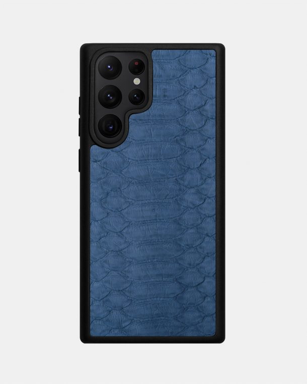 Чехол из серо-синей кожи питона с широкими чешуйками для Samsung S22 Ultra