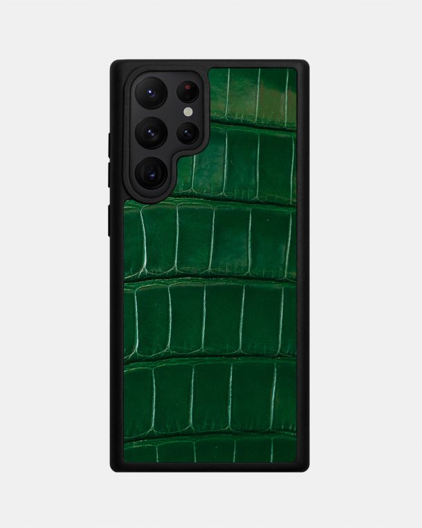 Чехол из темно-зеленой кожи крокодила для Samsung S22 Ultra