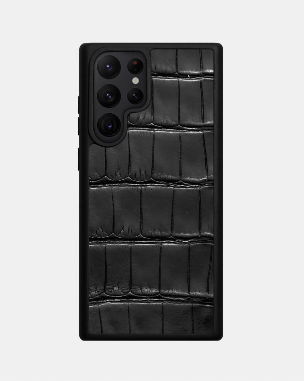 Черный чехол из кожи крокодила для Samsung S22 Ultra