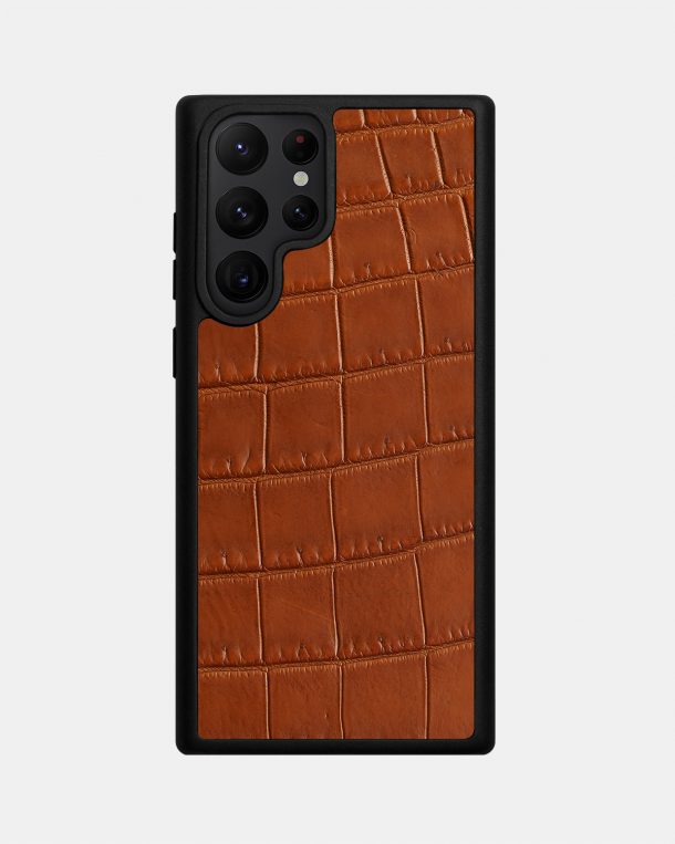 Dark Brown Crocodile Leather Case for Samsung S22 Ultra