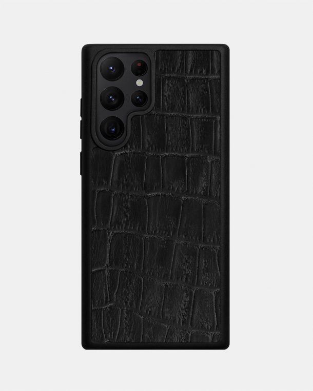 Чехол из черного тиснения под крокодила на телячьей коже Samsung S22 Ultra