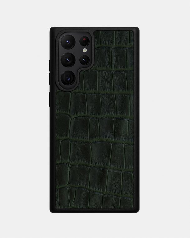 Чохол із темно-зеленого тиснення під крокодила на телячій шкірі для Samsung S22 Ultra
