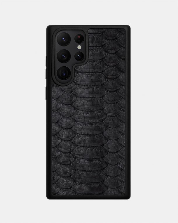 Чехол из черной кожи питона с широкими чешуйками для Samsung S22 Ultra