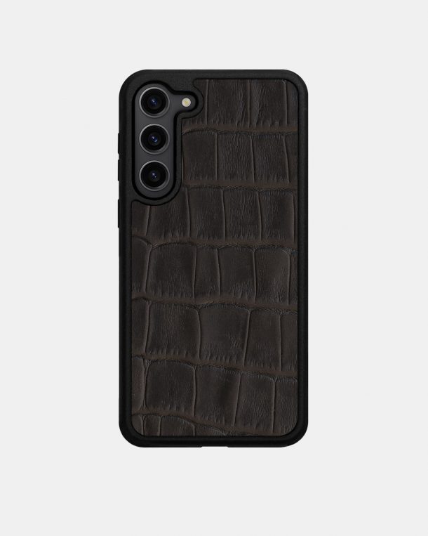 Dark Brown Crocodile Embossed Calf Leather Case for Samsung S23