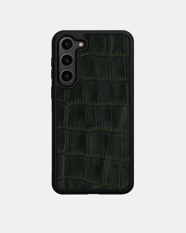 Чехол из темно-зеленого тиснения под крокодила на телячьей коже для Samsung S23