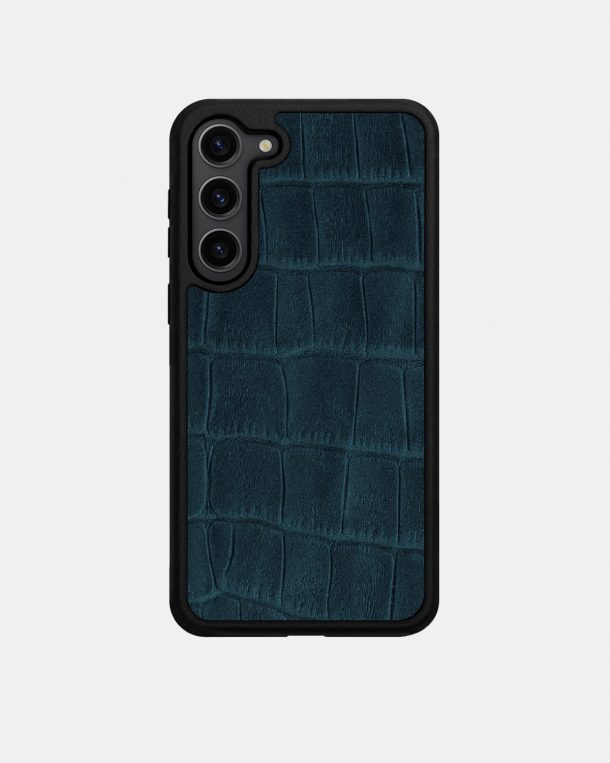 Dark Blue Crocodile Embossed Calf Leather Case for Samsung S23