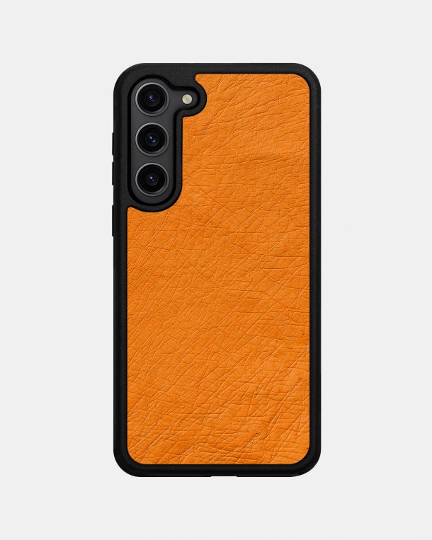 Чехол из оранжевой кожи страуса без фолликул для Samsung S23 Plus