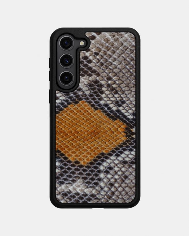 Samsung S23 Plus case made of gray and yellow python skin with fine scales