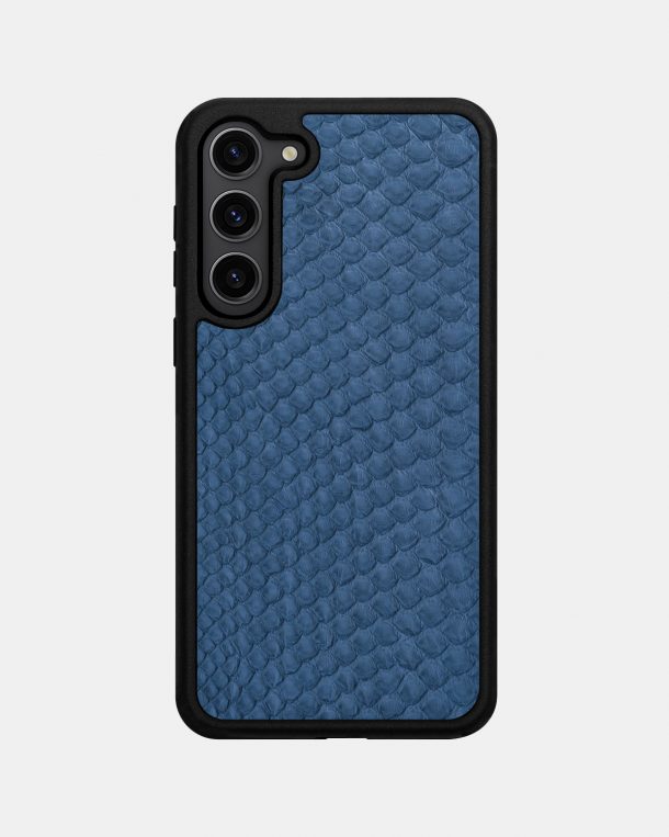 Samsung S23 Plus case made of gray and blue python skin with fine scales