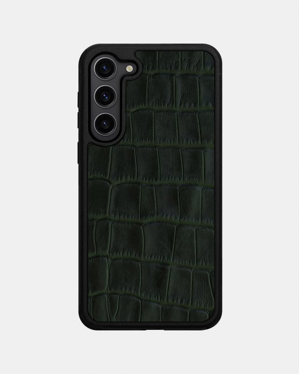 Dark Green Crocodile Embossed Calf Leather Case for Samsung S23 Plus