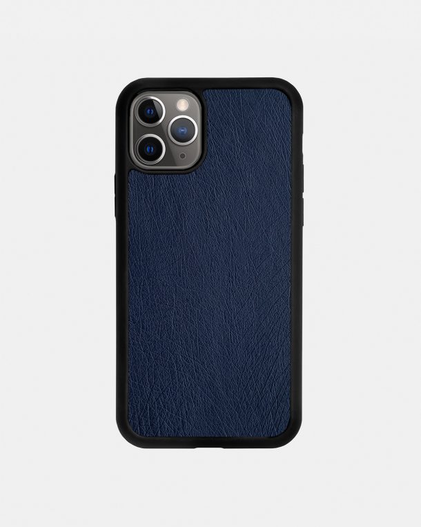 Case made of dark blue ostrich skin without follicles for iPhone 11 Pro