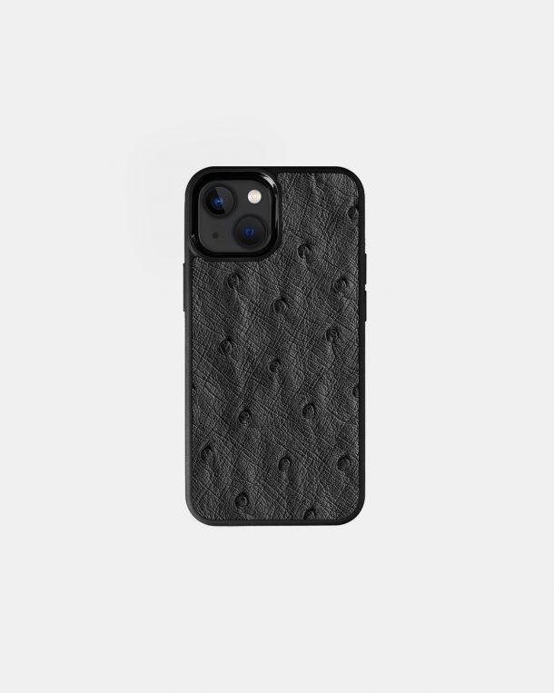 iPhone 13 Mini case made of dark gray ostrich skin with follicles