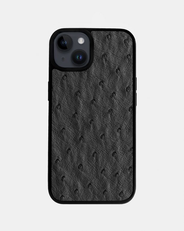 iPhone 14 Plus case made of dark gray ostrich skin with follicles