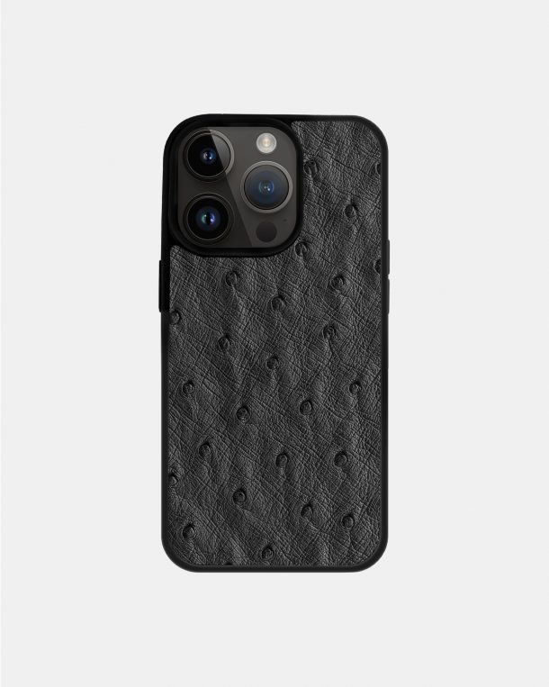 iPhone 14 Pro case made of dark gray ostrich skin with follicles