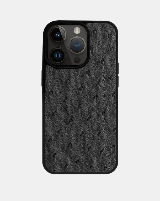 iPhone 14 Pro Max case made of dark gray ostrich skin with follicles