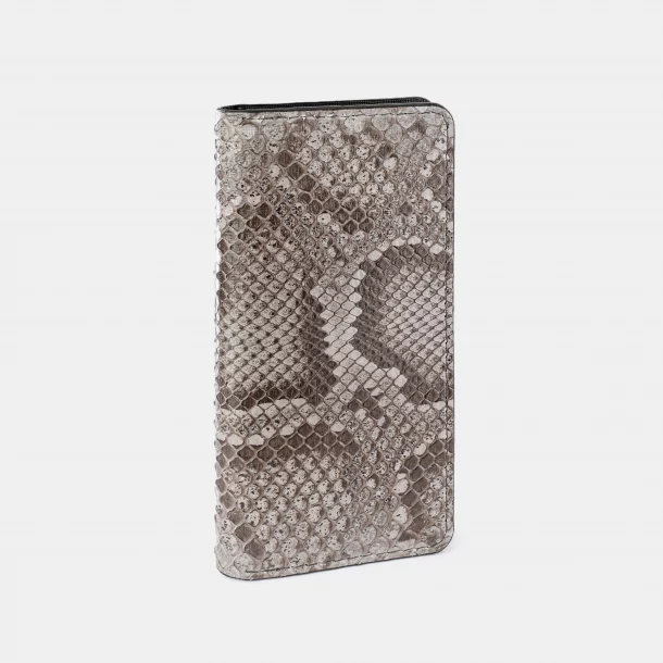 A wallet made of gray python skin with small scales