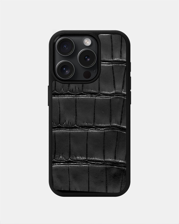 Чохол із чорної шкіри крокодила для iPhone 15 Pro з MagSafe