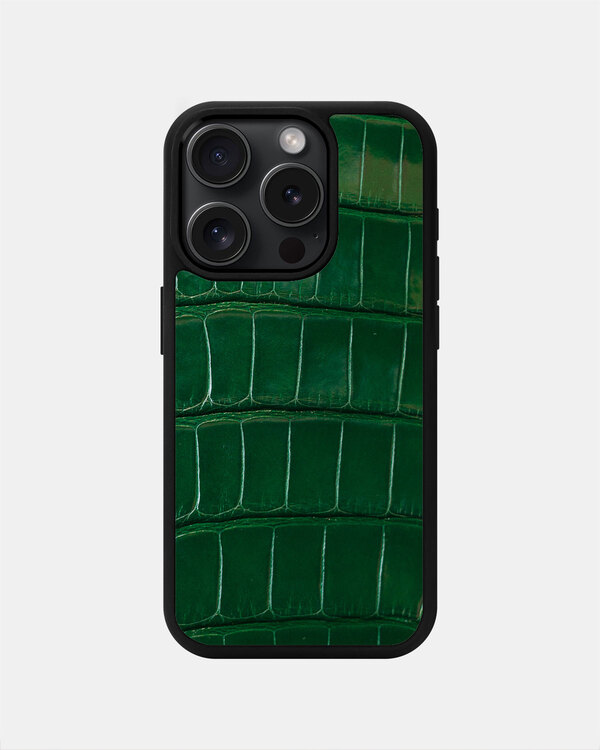 Чохол із темно-зеленої шкіри крокодила для iPhone 15 Pro