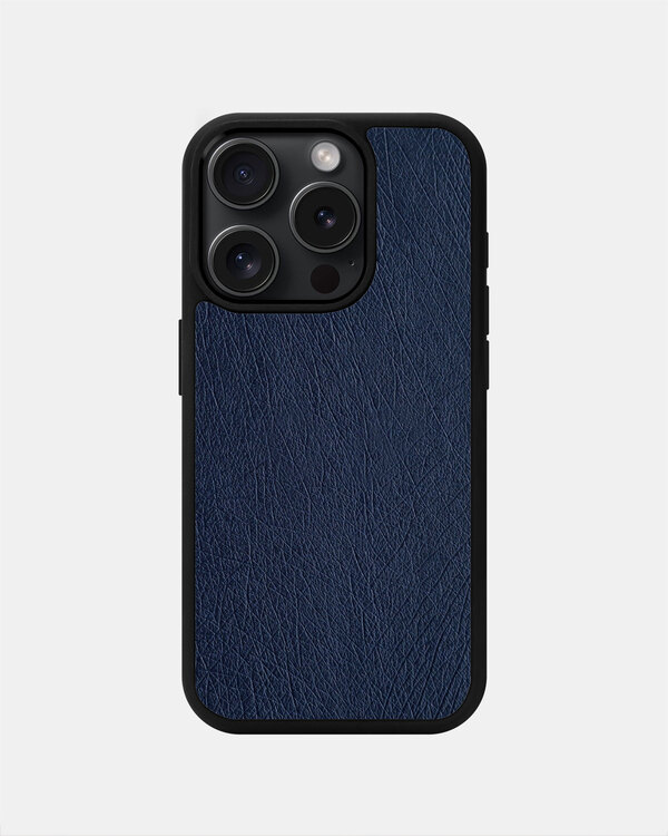 Чохол із темно-синьої шкіри страуса без фолікул для iPhone 15 Pro з MagSafe