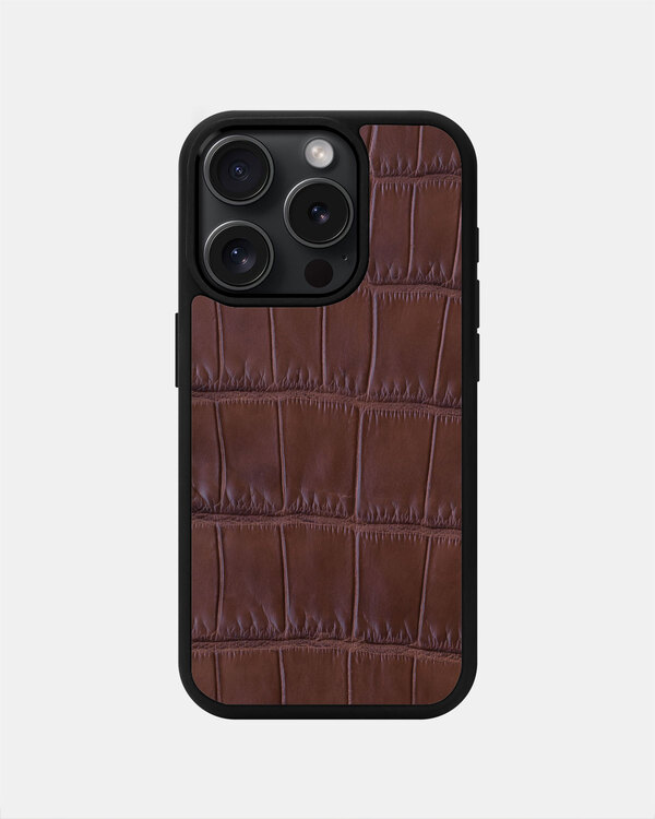 Чохол із темно-коричневої шкіри крокодила для iPhone 15 Pro
