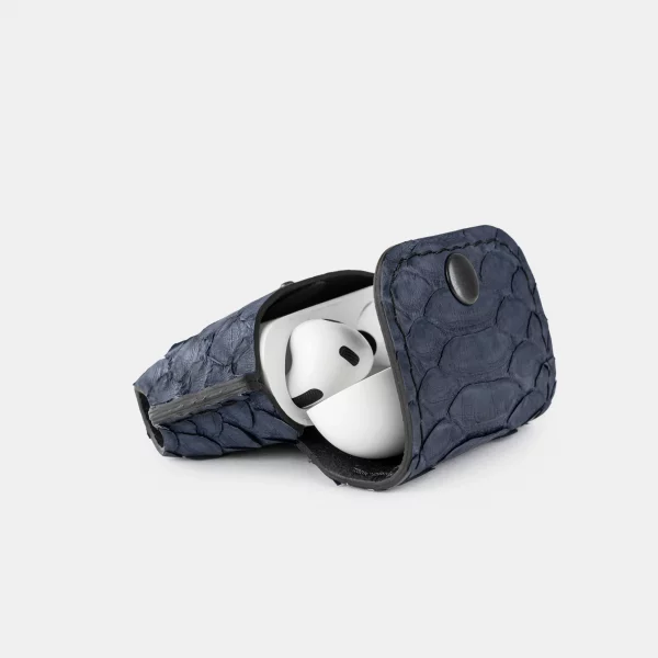 Cover for AirPods 1/2 made of dark blue python skin with wide scales in Kyiv