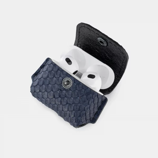 Cover for AirPods 1/2 made of dark blue python skin with small scales in Kyiv