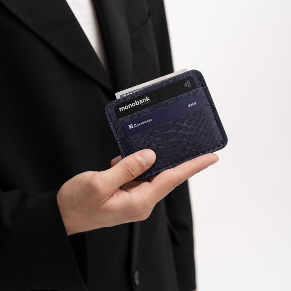 Card holder made of dark blue python skin with wide scales in Kyiv