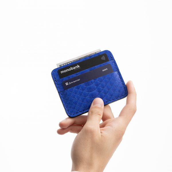 Card holder made of blue python skin with wide scales