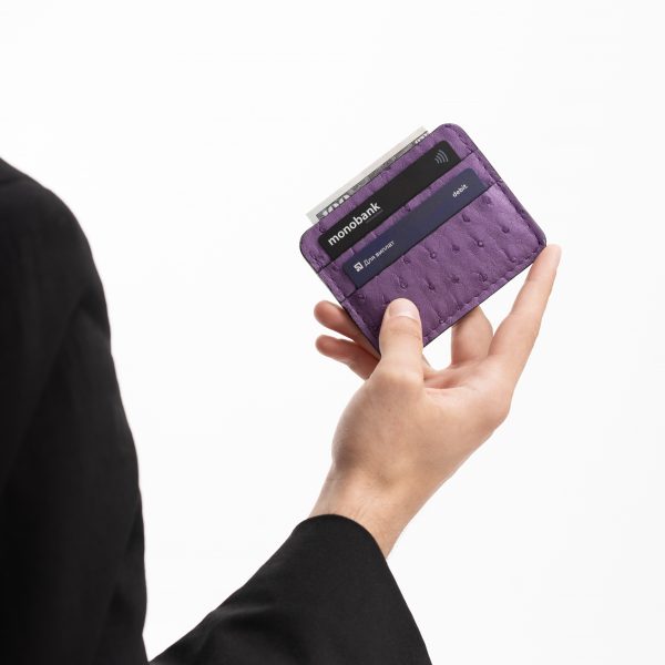 Cardholder made of purple ostrich skin with follicles in Kyiv