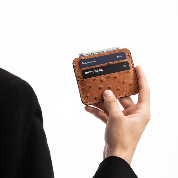 Cardholder made of brown ostrich skin with follicles in Kyiv