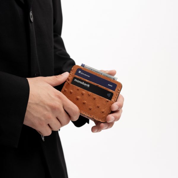 Card holder made of brown ostrich leather with follicles