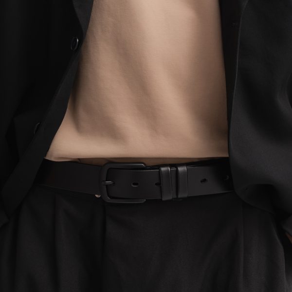 Black premium leather belt with a black buckle