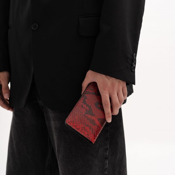 Wallet made of red python skin with small scales
