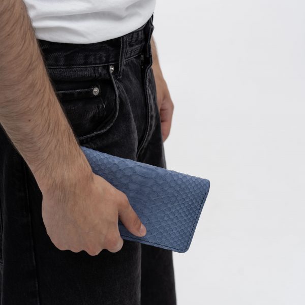 Wallet made of blue-gray python skin with wide scales