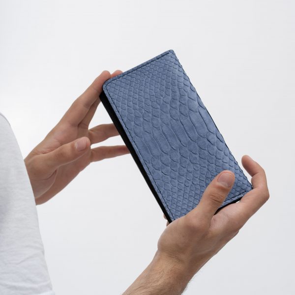 Wallet made of blue-gray python skin with wide scales